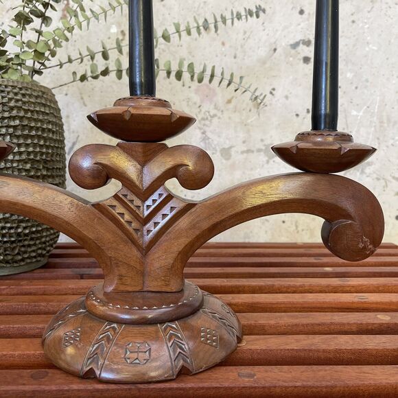 Vintage European Hand Carved Wooden Candelabra - Picture 4 of 10